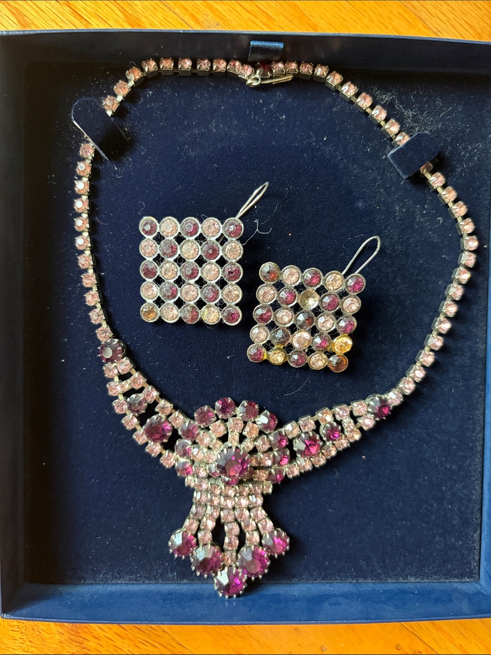 Vintage jewelry Rhinestone Necklace Earring Set Purple Crystal Tassel Statement